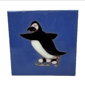 Sweet Emperor Penquin Hand Painted Ceramic Art Tile Trivet Walk Hanging 6"X6"
